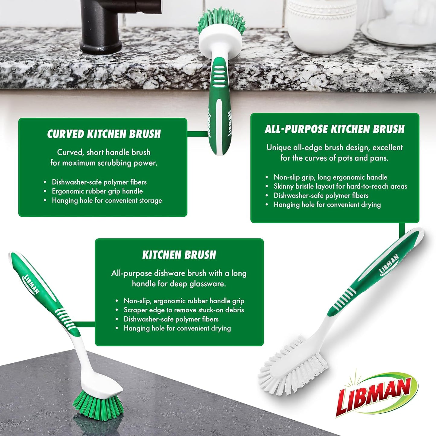 Libman Heavy Duty Scrub Brush Kit | Cleaning Brushes for Household Use | Tub Scrubber | Easy Grip Scrub Brush | Big Job Kitchen Brush | Dual Sided Tile & Grout Brush | 3 Different Brushes Included