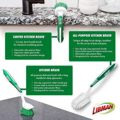 Libman Heavy Duty Scrub Brush Kit | Cleaning Brushes for Household Use | Tub Scrubber | Easy Grip Scrub Brush | Big Job Kitchen Brush | Dual Sided Tile & Grout Brush | 3 Different Brushes Included