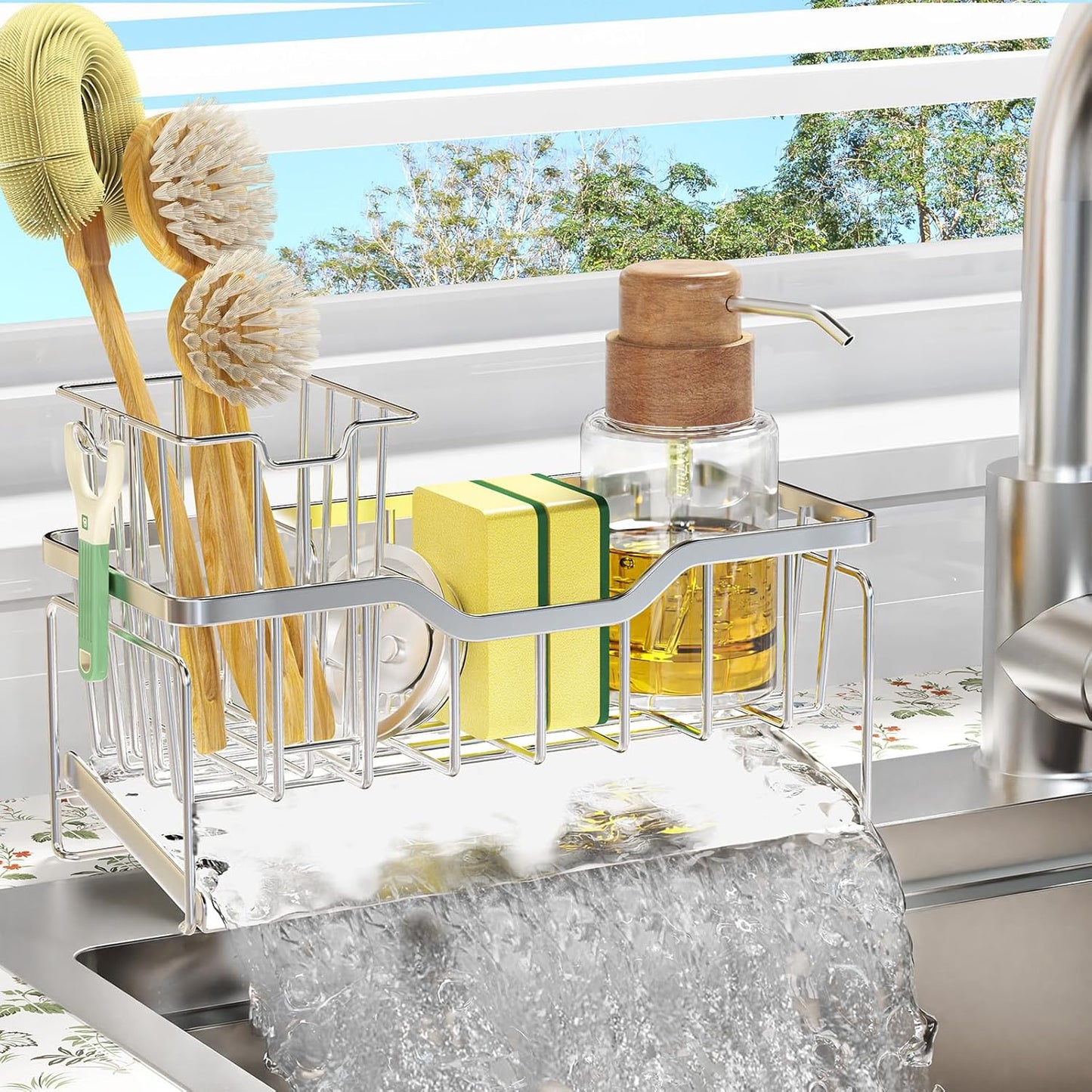 StorageRight Kitchen Sink Caddy Organizer, Rustproof Sponge Holder for Kitchen Sink, Instant Dry High Brush Holders with Drain Tray, Anti-Slip Storage Organization Essentials, Black