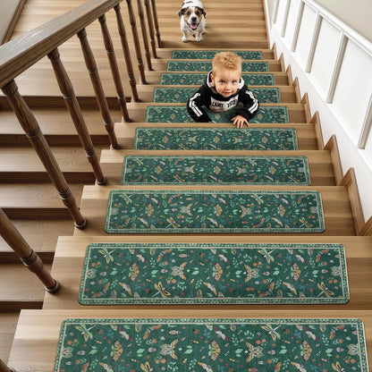 OJIA Insect Print Stair Treads Non Slip Stair Runners for Wooden Steps Indoor, 15PCS 8"x30" Rubber Backing Carpet Treads for Wood Stairs Staircase Step Treads for Kids & Dogs, Stair Covers, Black