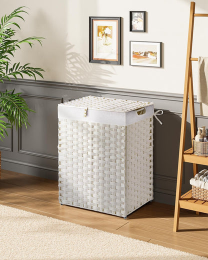Greenstell Laundry Hamper with 2 Removable Liner Bags, Foldable Divided Clothes Hamper, 90L Handwoven Rattan Laundry Basket with Lid and Handles, No Assembly Needed, 18.3x13.3x24 Inches, Black