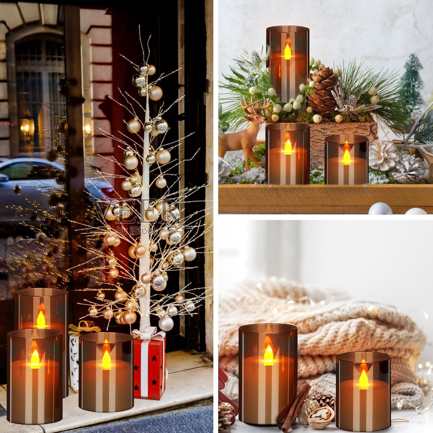 wemarry Flameless Candles 4" 5" 6" Acrylic Glass Pillars 3" Diameter Battery Operated Flickering Candles Include 8-Key Remote with Timer Function 400+ Hours (Amber, Warm Light 3 Pack)
