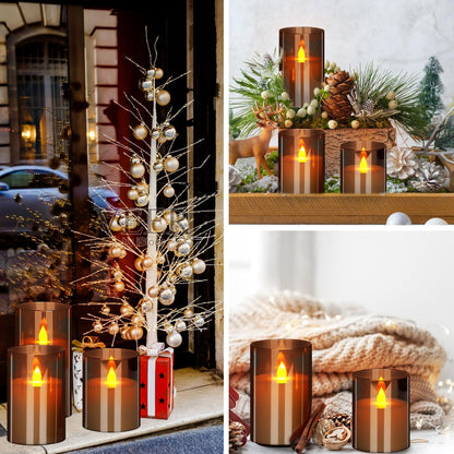 wemarry Flameless Candles 4" 5" 6" Acrylic Glass Pillars 3" Diameter Battery Operated Flickering Candles Include 8-Key Remote with Timer Function 400+ Hours (Amber, Warm Light 3 Pack)