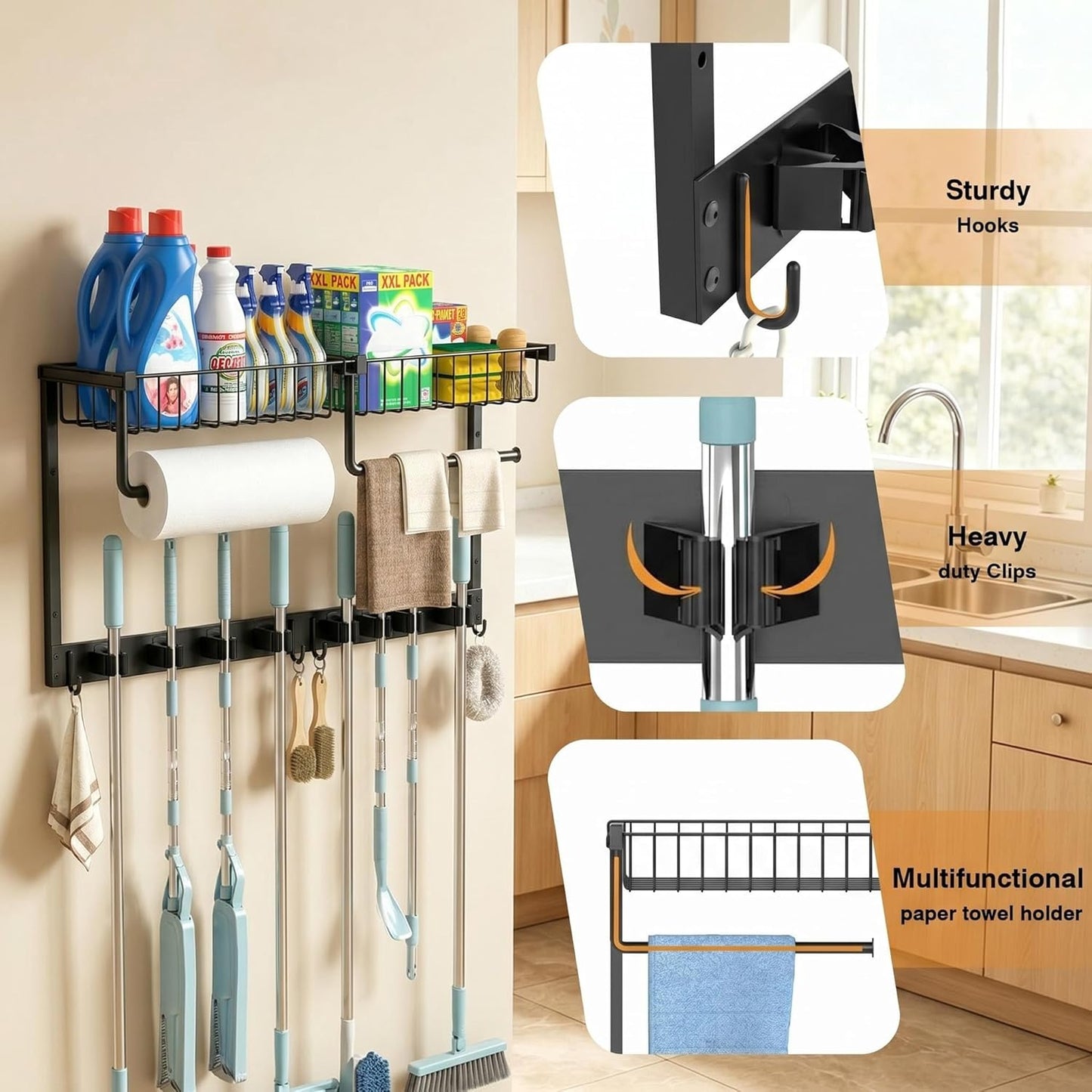 Broom Holder Wall Mount, Broom and Mop Organizer Wall Hanging with Paper Towel Holder & Removable Anti-fall Basket, Wall Mount Cleaning Supplies Organizer for Laundry Room, Apartment, Utility Room