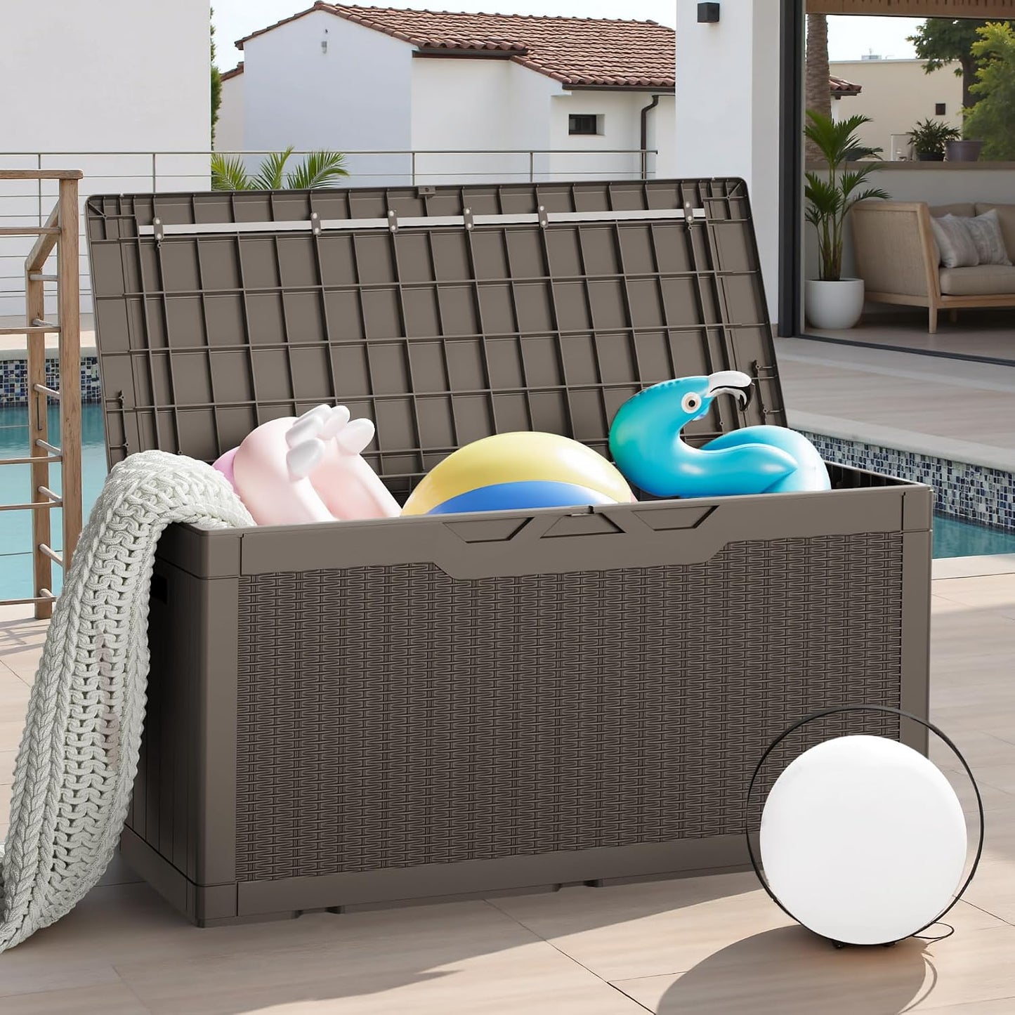 JUMMICO 31 Gallon Resin Deck Box Waterproof Indoor Outdoor Storage Boxes for Patio Furniture Cushions and Garden Tools (Brown)