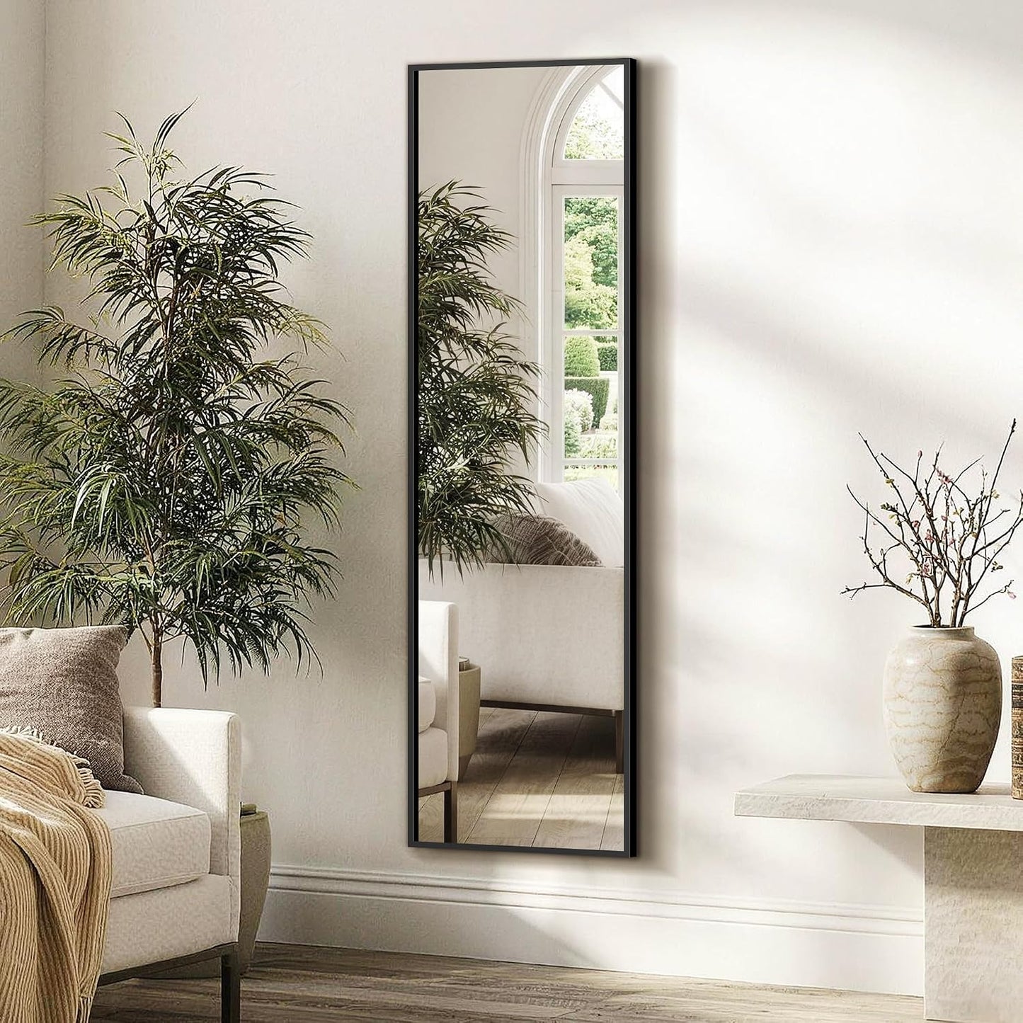 FICTOR Full Length Mirror with Stand, Floor Standing Mirror Full Body, HD Shatterproof Black Frame Wall Mirror for Bedroom, Living Room, Dressing Room & Entryway, 56"x15"