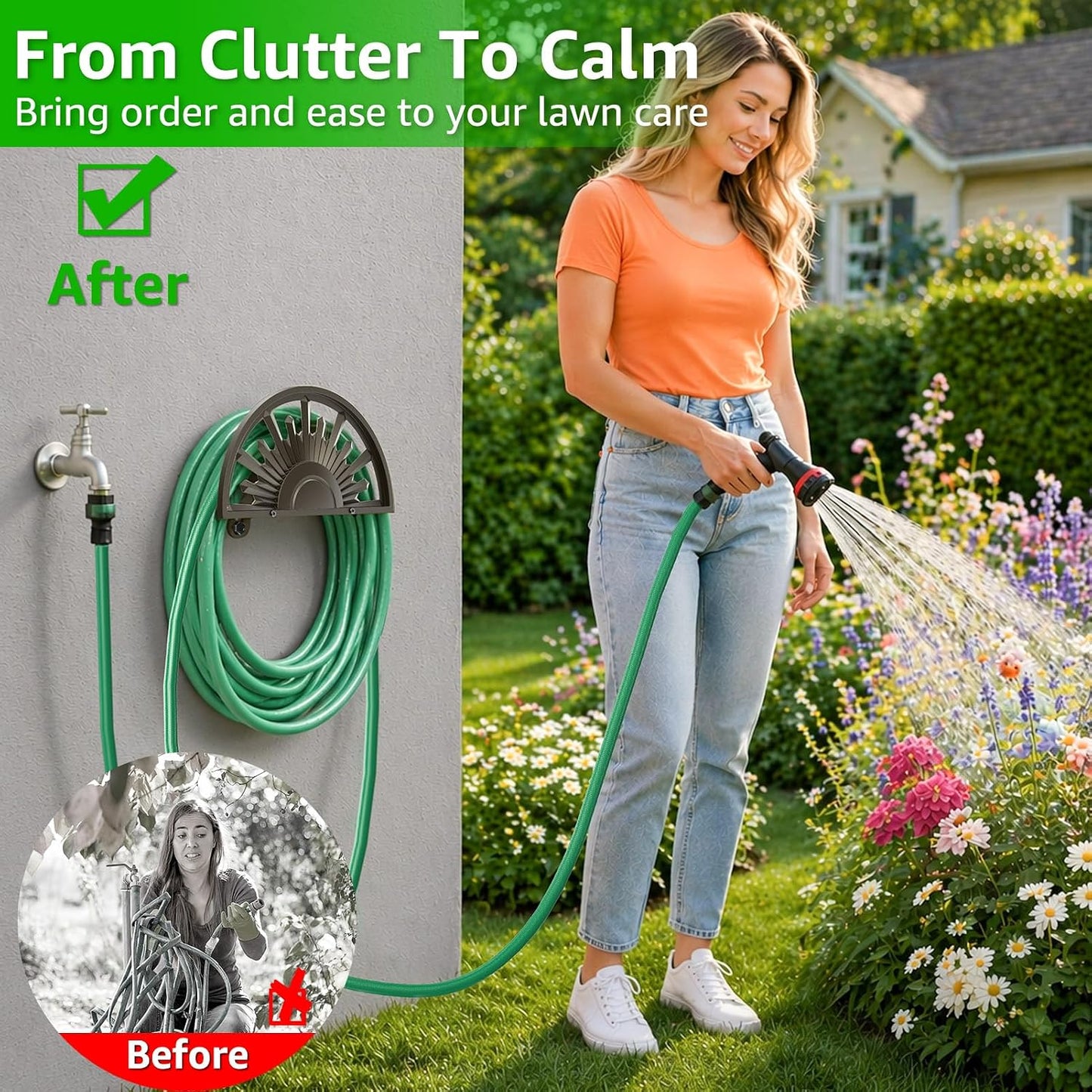 GOFORWILD Garden Hose Holder Holds 125-Feet of 5/8-Inch Hose Guage Steel | Decorative Hose Hanger Wall Mounted for Outside Yard Lawn Farm Heavy Duty Gift