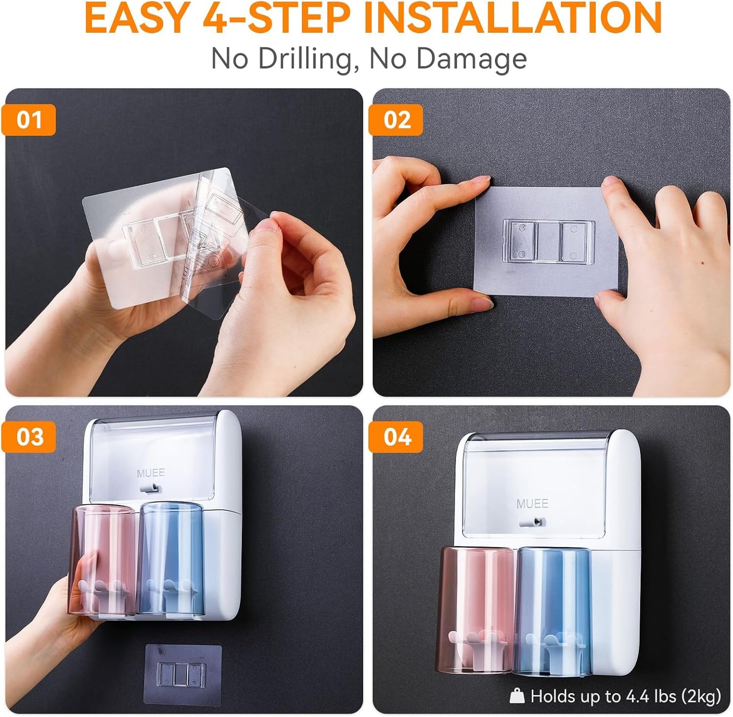 Toothbrush Holder Wall Mounted with Automatic Toothpaste Dispenser, Dustproof Flip Cover and Inverted Cup Slots, Multi-Functional No-Drill Bathroom Organizer for Family, Space Saver (3 Cups)