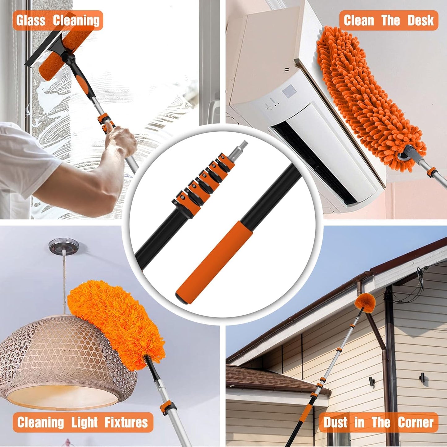 30FT Reach Duster Kit, Window Cleaning with 5-24FT Telescoping Extension Pole, High Ceiling Duster, Microfiber Feather Duster, Cobweb Duster, Window Squeegee, Feather Duster, Extendable Pole Kit