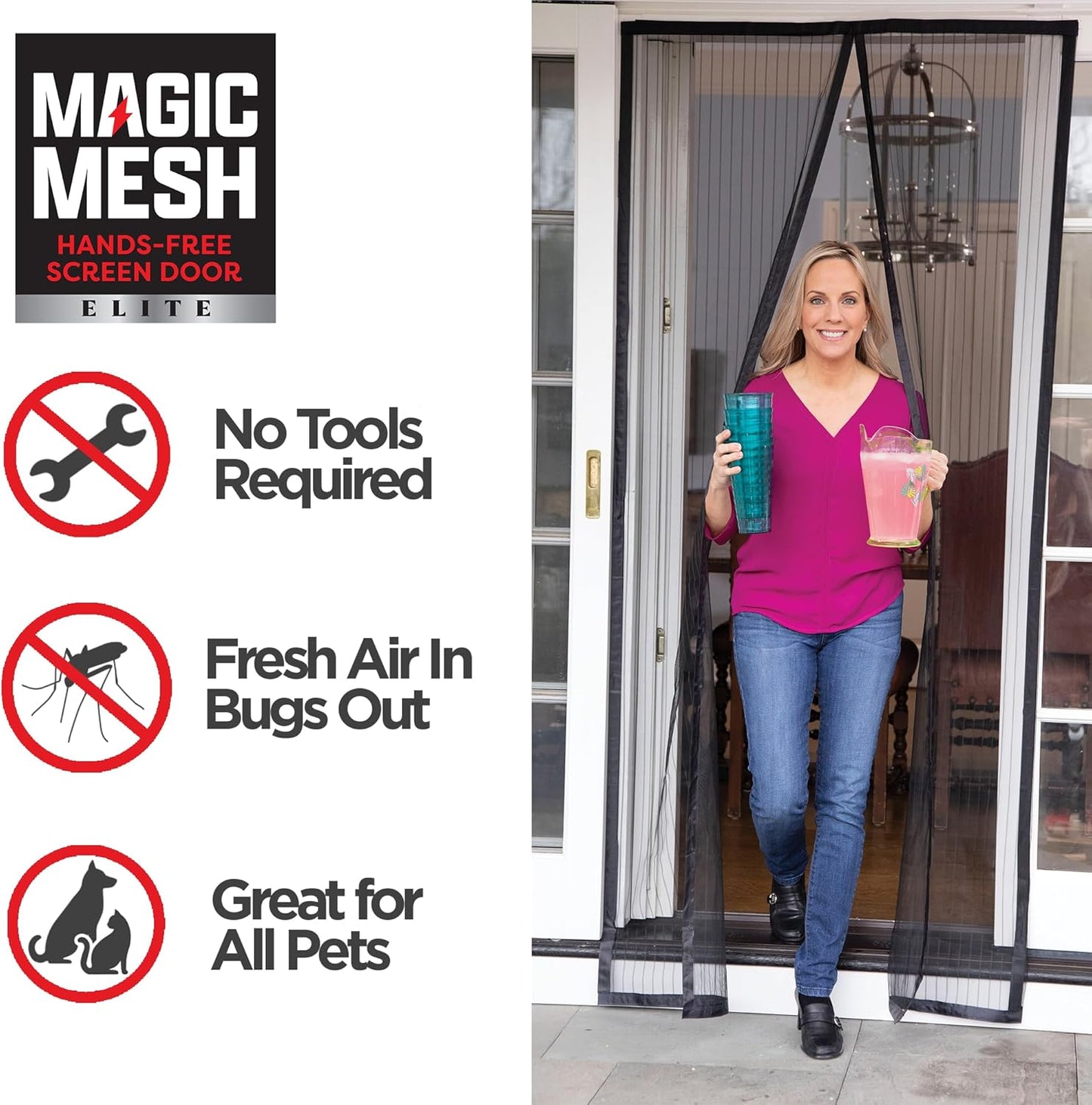 Magic Mesh Elite- More Durable Magnetic Screen Door, Reinforced Seam Mesh Curtain Keeps Bugs Out, One Panel Hook & Loop Frame, Strong & Hidden Magnets- Fits Single Doors up to 39 x 83 Inches