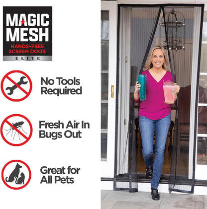 Magic Mesh Elite- More Durable Magnetic Screen Door, Reinforced Seam Mesh Curtain Keeps Bugs Out, One Panel Hook & Loop Frame, Strong & Hidden Magnets- Fits Single Doors up to 39 x 83 Inches