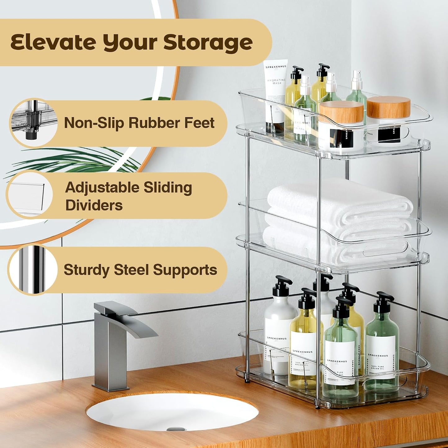 incostar 2 Tier Pull-Out Organizer for Bathroom Kitchen, Under Sink Storage with Dividers, Ideal for Cabinet, Cupboard Organization, Slide-Out Clear Storage, 1 Pack