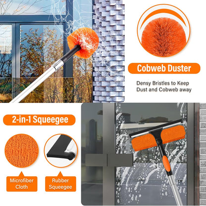 26FT High Reach Duster with Extension Pole 5-20FT, 4-in-1 Cleaning Kit with Universal Swivel Joint | High Ceiling Fan Cleaner, Cobweb Duster & Window Squeegee for Safe High-Reach Cleaning