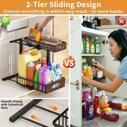 2-Tier Under Sink Organizer with Wooden Drawer Handle, 2 Pack Adjustable Height Pull Out Cabinet Organizer Shelf,Slide out Storage Drawer Rack for Kitchen Bathroom Laundry Room Pantry (Black)