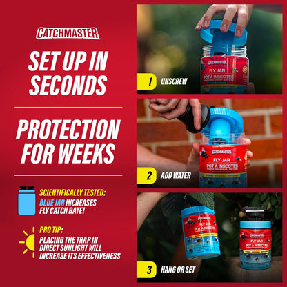 Catchmaster Reusable Outdoor Fly Trap, 2 Hanging Blue Jars with Bait | Catches All Species of Fly, Fly Traps Outdoor w/ Food-based lure, Odor Attracts Flies Away From People, Refill & Reuse