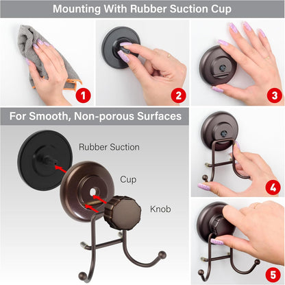 HASKO Suction Cup Hooks for Shower Wall, Removable Towel Hooks for bathrooms, Includes Optional No Drill Adhesive Mount for Inside Shower, Rustproof Stainless Steel - 2 Pack, Bronze