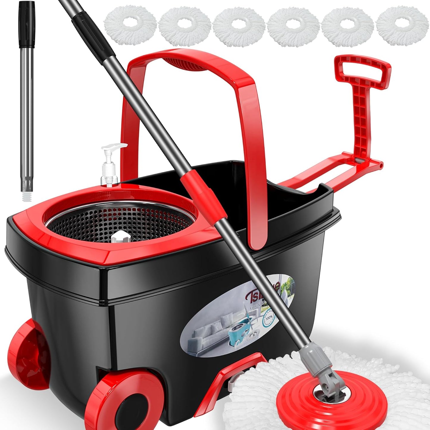 FunClean Spin Mop and Bucket,Mop and Bucket with Wringer Set for Home,360 Spinning Mopping Floor Cleaning Tool with 6 Microfiber Replacement Head Refills,61" Extended Handle, 2X Wheel - Blue