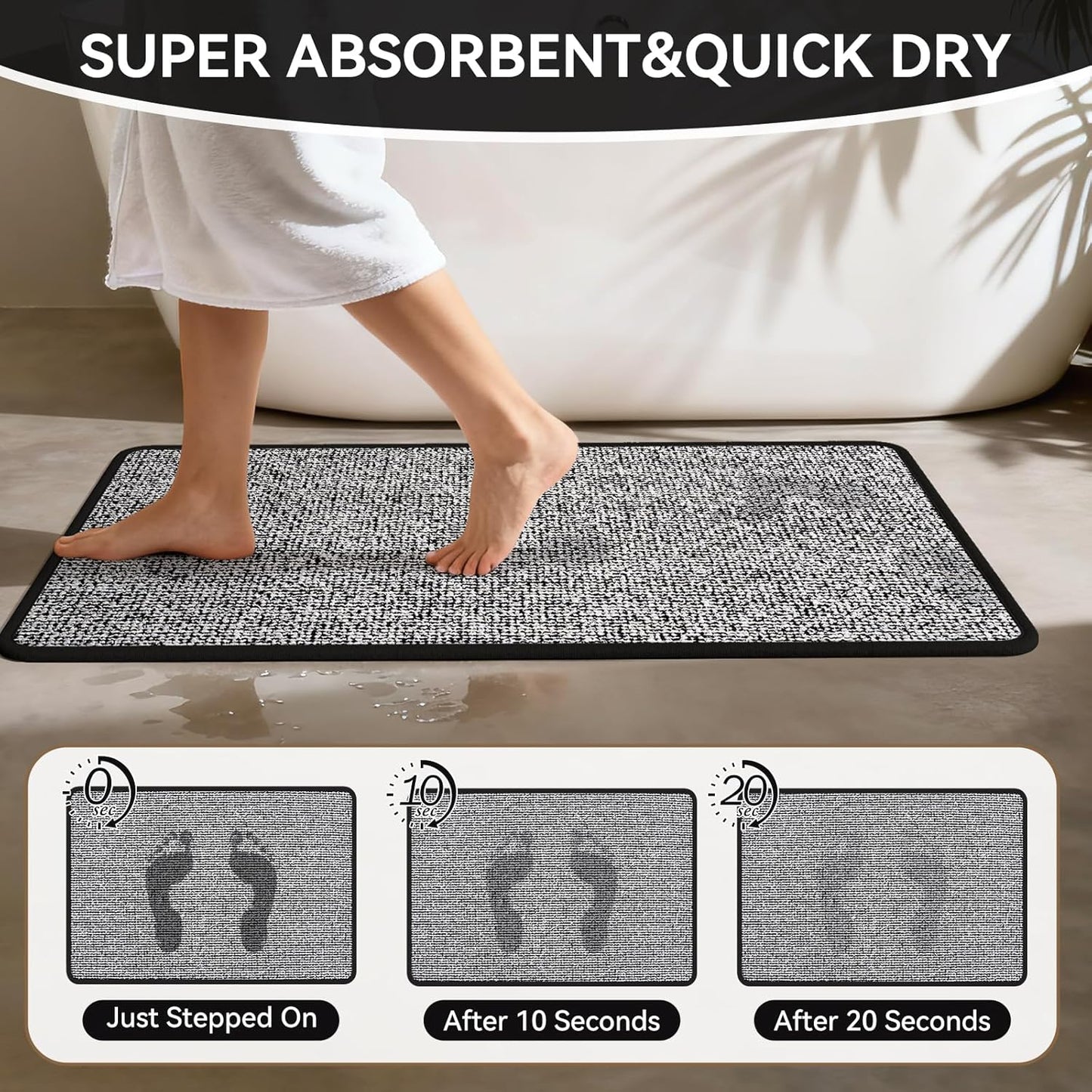 Non Slip Bath Mat with Rubber Backing, Absorbent Quick Dry Bath Rugs Washable, Thin Bathroom Rugs Fit Under Door for Bathroom Floor, Shower and Sink, 16"×24", Grey