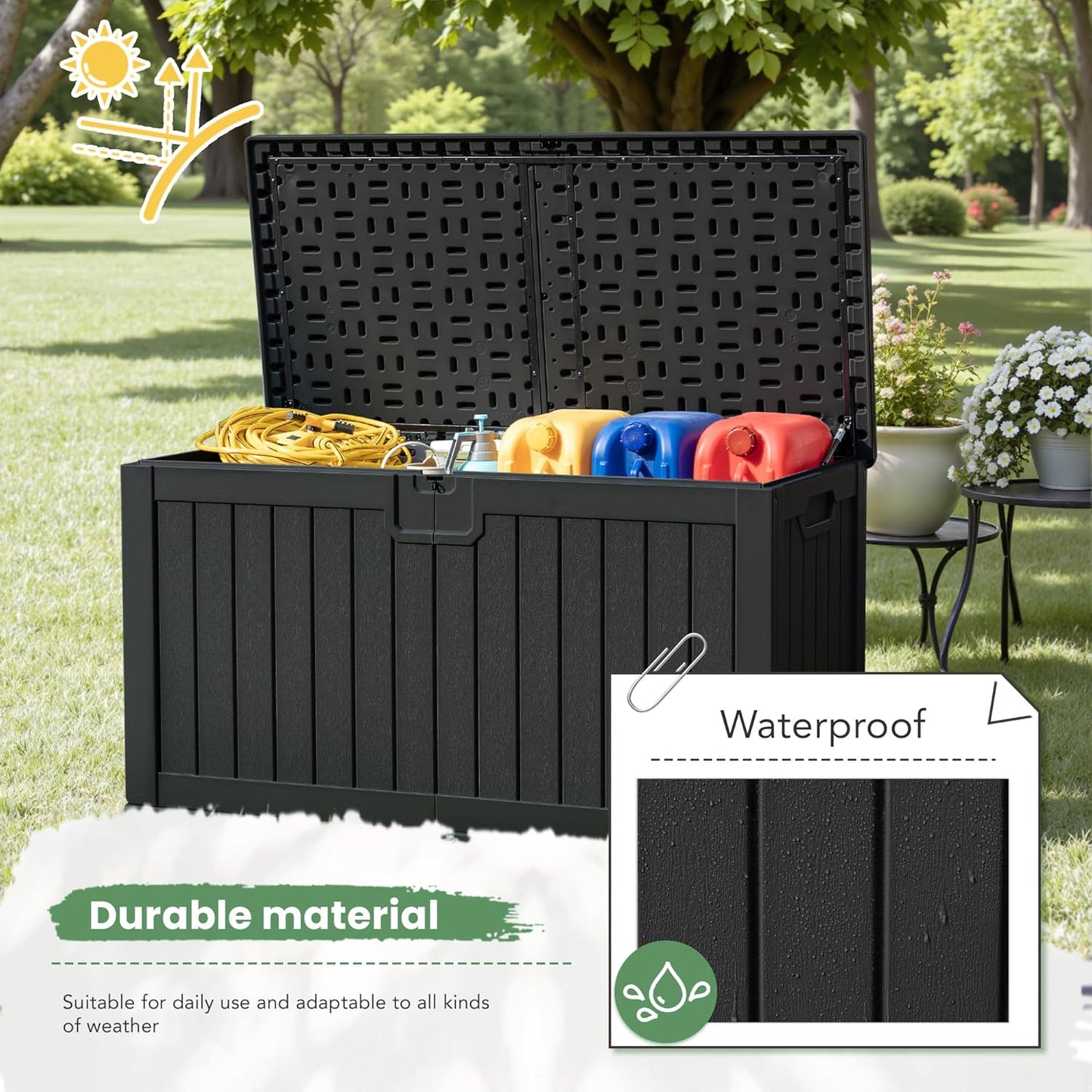 Greesum Outdoor Storage Box 31 Gallon Storage Box with Lid for Patio Furniture, Garden Tools, Pool Supplies, Waterproof and UV Resistant, Lockable, Dark Black