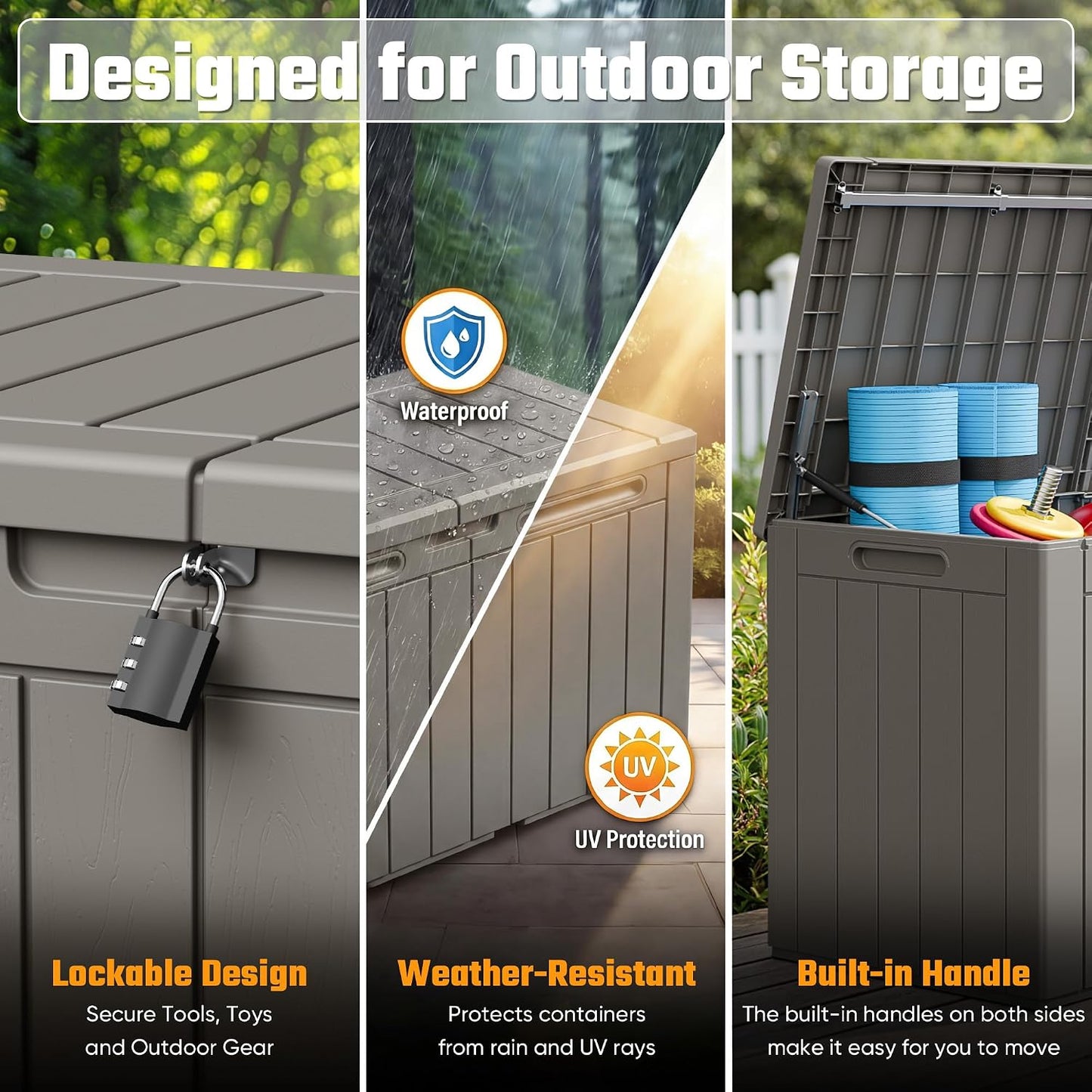 Greesum 110 Gallon Outdoor Storage Box with Lockable Lid, All-Weather for Patio Furniture, Pool Supplies & Garden Tools, Waterproof, UV-Resistant Large Deck Box, Dark Black