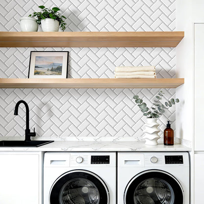 FunStick White Kitchen Wallpaper Peel and Stick Waterproof Herringbone Backsplash Wall Paper for Kitchen Bathroom Tile Wallpaper Removable White Contact Paper Peel and Stick for Cabinets 17.5"x118"