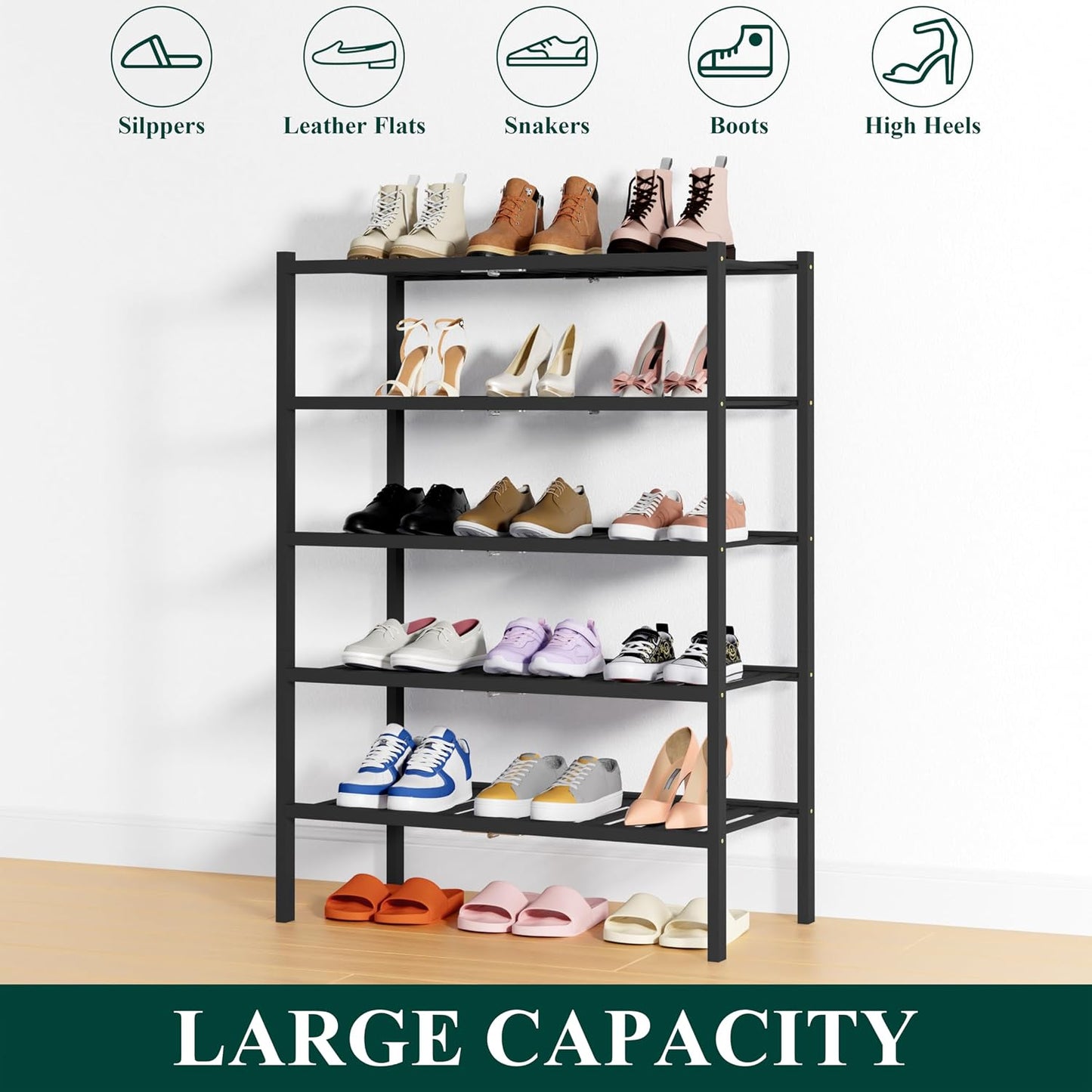 Smiry Bamboo Shoe Rack, 3 Tier Free Standing Wooden Shoe Organizer, Stackable Wood Shoe Storage Shelf for Closet, Entryway, 12 Vertical Slats, 2+1 Stack Standard Legs, 26.8"x11"x19.5", Natural