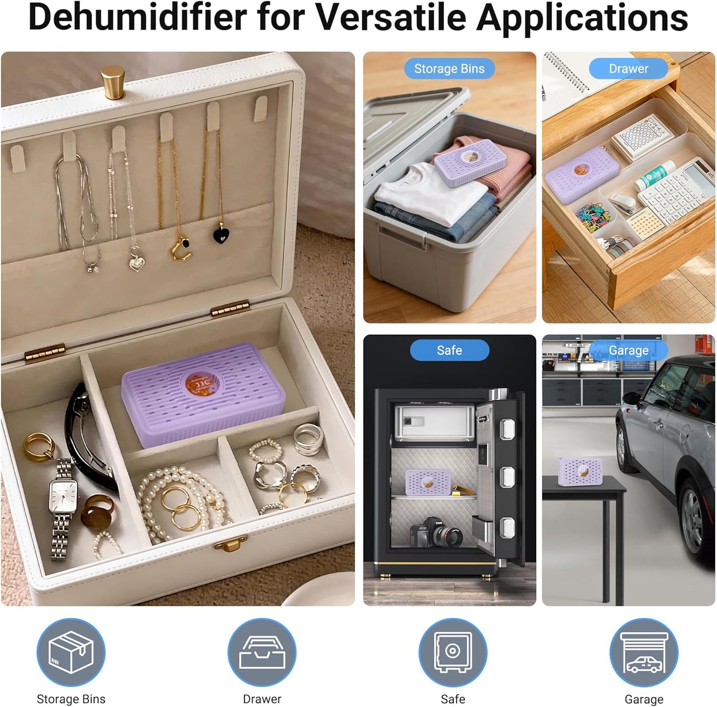 Auto Power-off Cordless Rechargeable Mini Dehumidifier Desiccant,Electric Moisture Absorption Silica Gel Packet for Storage Totes Jewelry Display Cabinet Guitar Case Drawer Photo Album Document-Purple