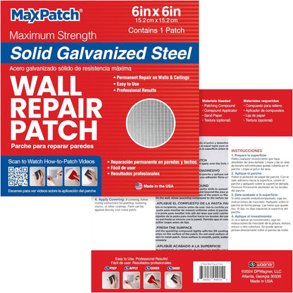 MaxPatch® 6 in. x 6 in. Solid Metal Self-Adhesive Wall Repair Patch (3-Pack) – Durable Galvanized Metal, Easy Application for Drywall, Plaster, and Ceiling Repairs