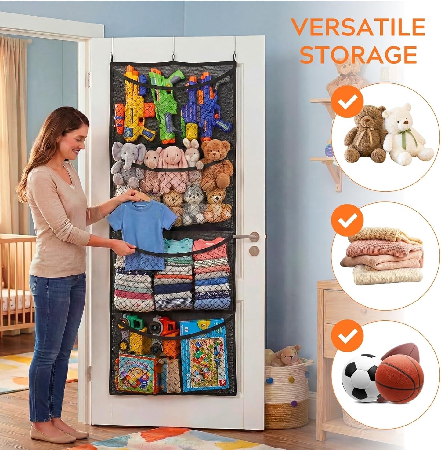 Ofiray-home Cotton Over The Door Stuffed Animal Storage | Toy Organizer for Storage Plush Toys, Stuffed Animal Holder with 4 Large Pockets, Hanging Door Organizer for Nursery