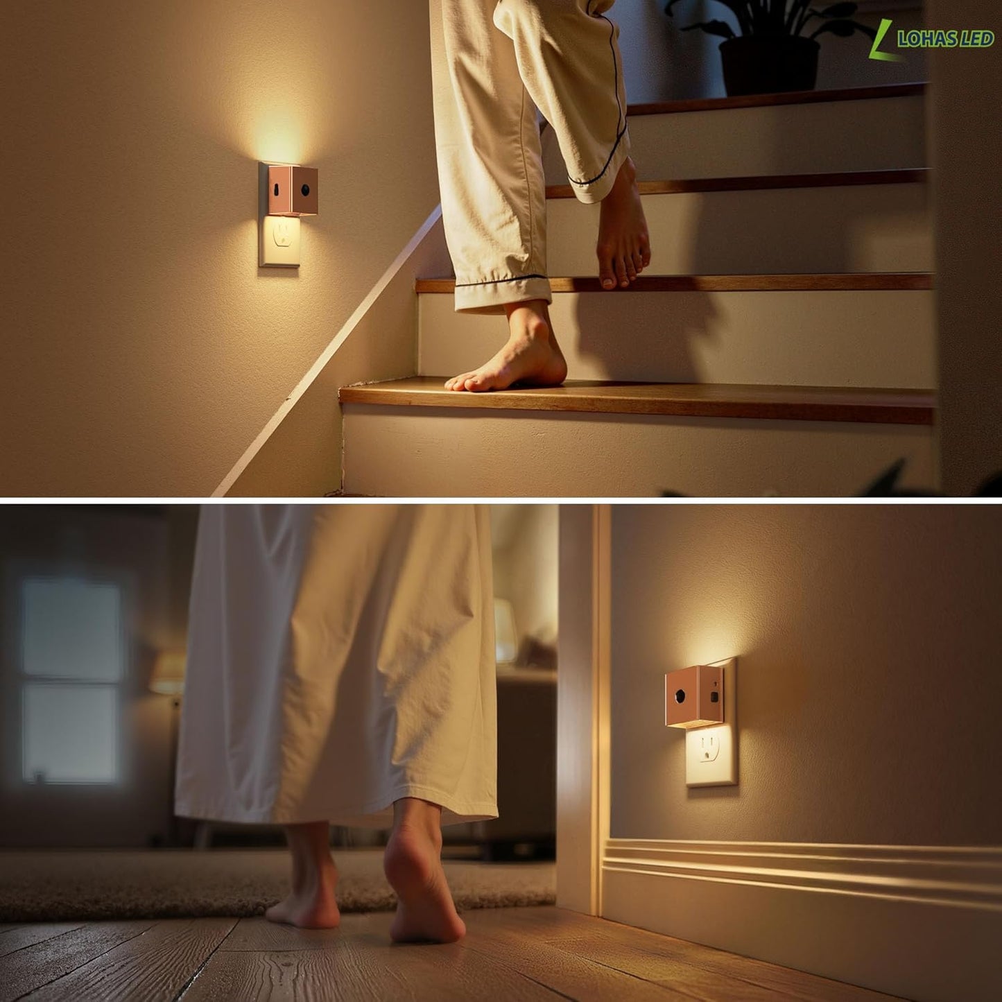 L LOHAS LED Motion Sensor Night Light, [2-Pack] Plug in Night Light with Motion Sensor and Dusk to Dawn Sensor, Brightness Adjustable, 3000K Soft White Nightlight for Bathroom Hallway Kitchen