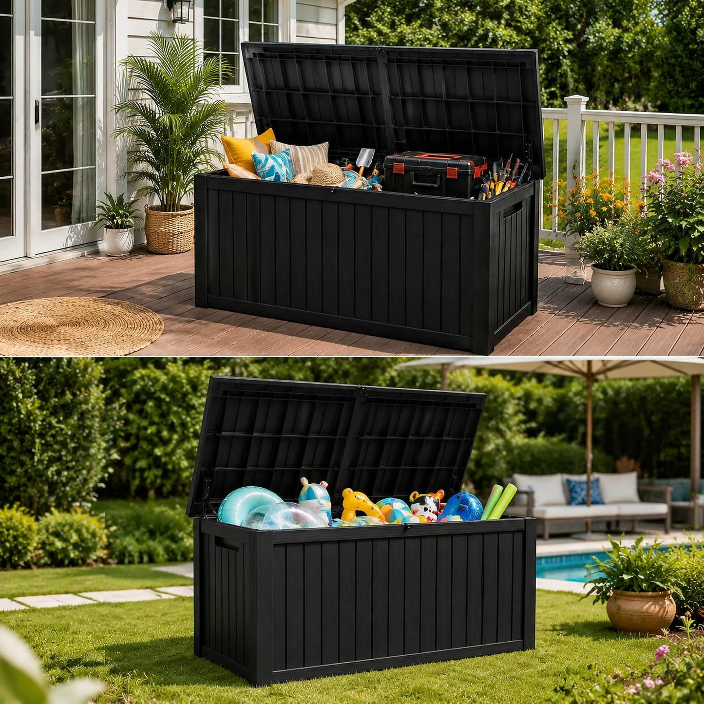 270 Gallon Lockable Resin Outdoor Storage Box, Waterproof & Weather Resistant Deck Box for Patio Cushion, Garden Tools & Pool Accessories, Black
