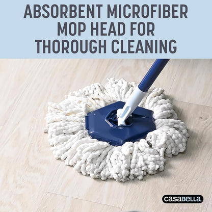 Casabella Spin Mop System with Extra Mop Head Refill - Two-Bucket Design with Splash Guard Built-in Measuring Cup and Scraper Tool with Easy Wring Pedal Spinner, 1.25-Gallon, Blue