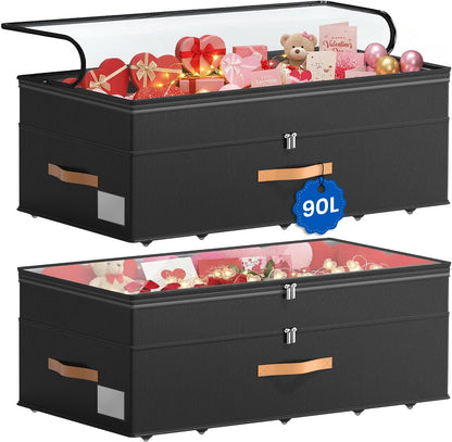 Under Bed Storage with Wheels, 2-Pack Underbed Storage Containers, No Assemble 11 inches 90L XXL Large Adjustable Storage Bins with Clear Lids, Rolling Storage for Clothes, Shoes, Blankets, Gray