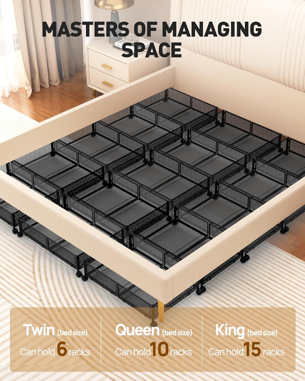Under Bed Storage With Wheels, 2 Pack Foldable Pattern Carved Metal Under Bed Storage Containers, 60L Rolling Underbed Storage, Easy Assembly Under The Bed Storage for Shoes, Clothes, Blankets...