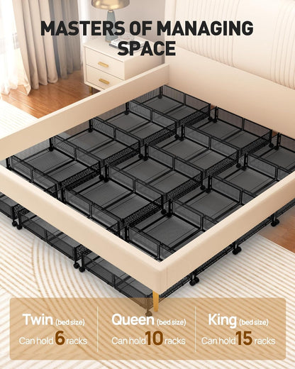 Under Bed Storage With Wheels, 2 Pack Foldable Pattern Carved Metal Under Bed Storage Containers, 60L Rolling Underbed Storage, Easy Assembly Under The Bed Storage for Shoes, Clothes, Blankets...