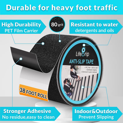 Lifegrip Anti Slip Tape, 4 Inch x 15 Foot Non-Slip Traction Grip Tape for Stairs, Waterproof Stair Treads Grip Non Slip, Non Skid Tape for Steps, Outdoor Black Grip Tape (4" X 15')