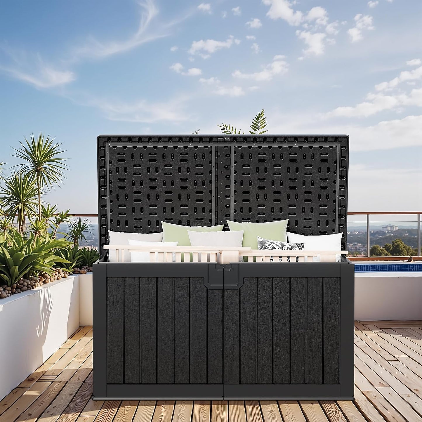Greesum Outdoor Storage Box 31 Gallon Storage Box with Lid for Patio Furniture, Garden Tools, Pool Supplies, Waterproof and UV Resistant, Lockable, Dark Black