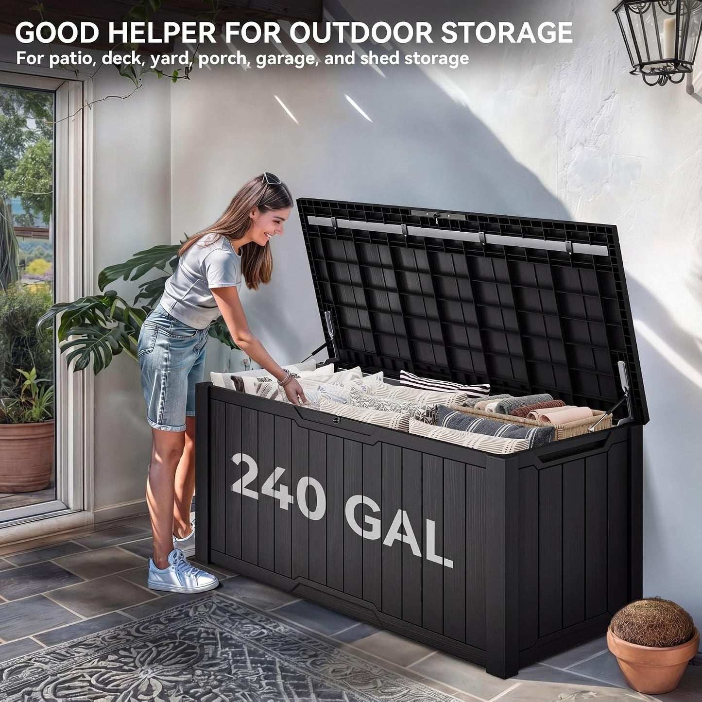 YITAHOME 35 Gallon Outdoor Storage Box | Waterproof Resin Deck Box and Package Delivery with Lockable Lid for Patio Furniture Cushions, Pool Accessories, Garden