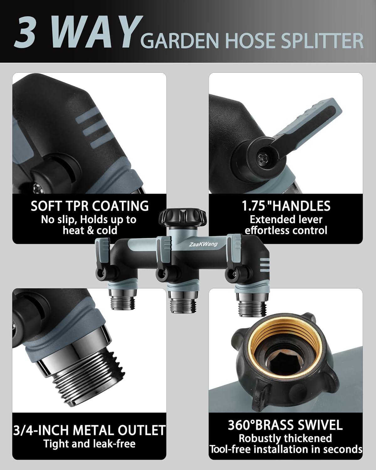 Garden Hose Splitter 2 Way, Heavy Duty Water Hose Spigot Bib Splitter, Outdoor Faucet Splitter with Shutoff Valve, T Adapter Connector with 3/4 - Inch GHT Thread (Grey)