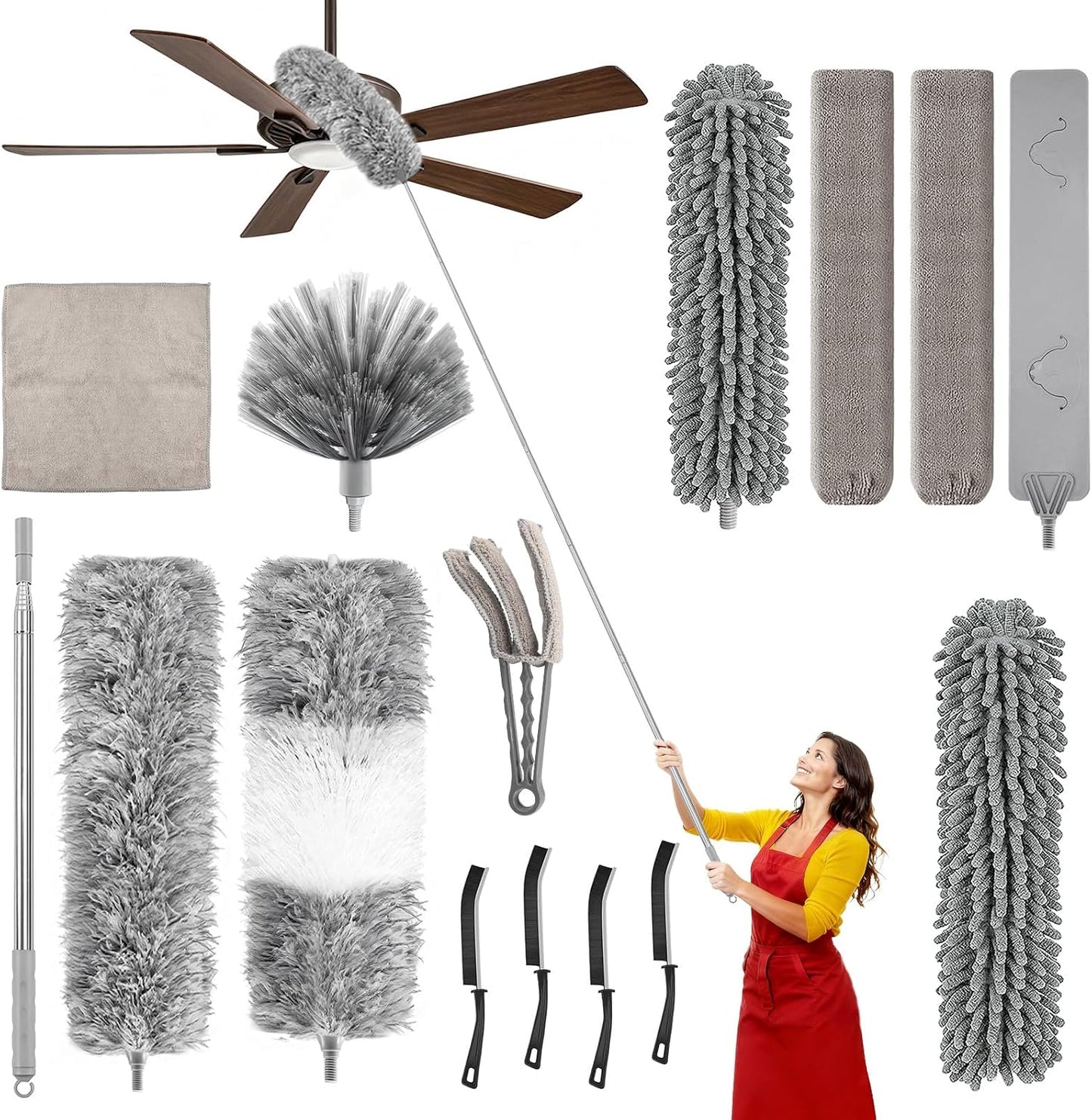 100-inch Duster with Extension Pole, 9-in-1 Cobweb Duster Kit Includes Spider Web Brush & Flat Gap Cleaner for High Ceiling, Fan, Under Appliances, Car, Home Deep Cleaning