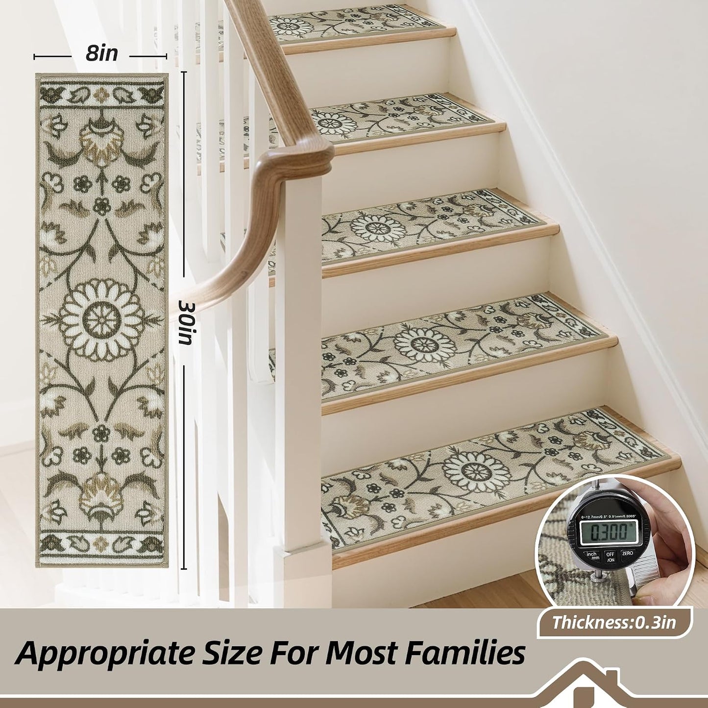 BEQHAUSE Stair Treads for Wooden Steps Non-Slip Machine Washable Carpet Stair Treads 8"X30" Soft Indoor Stair Runner for Kids Elders and Pets, 100% Polyester, TPE Backing, 15pcs, Grey/Orange