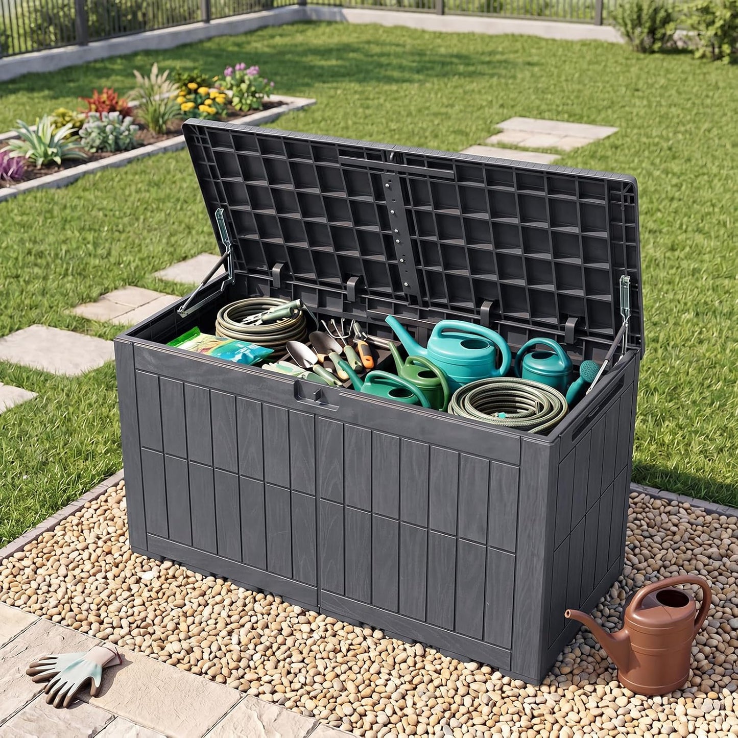 Tangkula 25 Gallon Waterproof Outdoor Storage Box with Lockable Lid | PP Resin, Wicker Patterned, Indoor Outdoor Use, Portable, Versatility, for Deck, Pool, Patio Cushions, Garden Tools