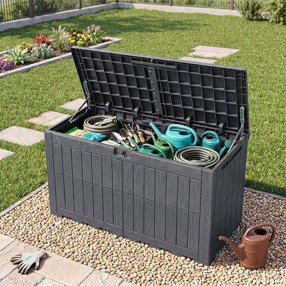 Tangkula 25 Gallon Waterproof Outdoor Storage Box with Lockable Lid | PP Resin, Wicker Patterned, Indoor Outdoor Use, Portable, Versatility, for Deck, Pool, Patio Cushions, Garden Tools