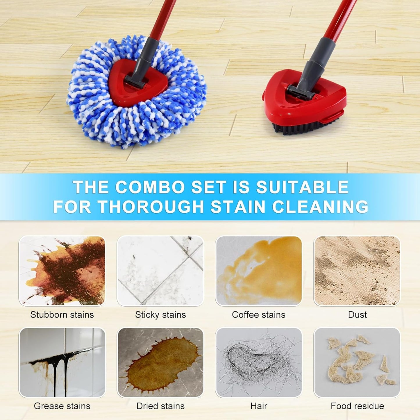 Mop Handle Mop Replace Heads and Mop Base Brush Replacement for O Cedar EasyWring 1-Tank System Include 3 Spin Mop Replacement Head, 4-Section Mop Handles, 1 Base and 1 Scrub Brush Combo