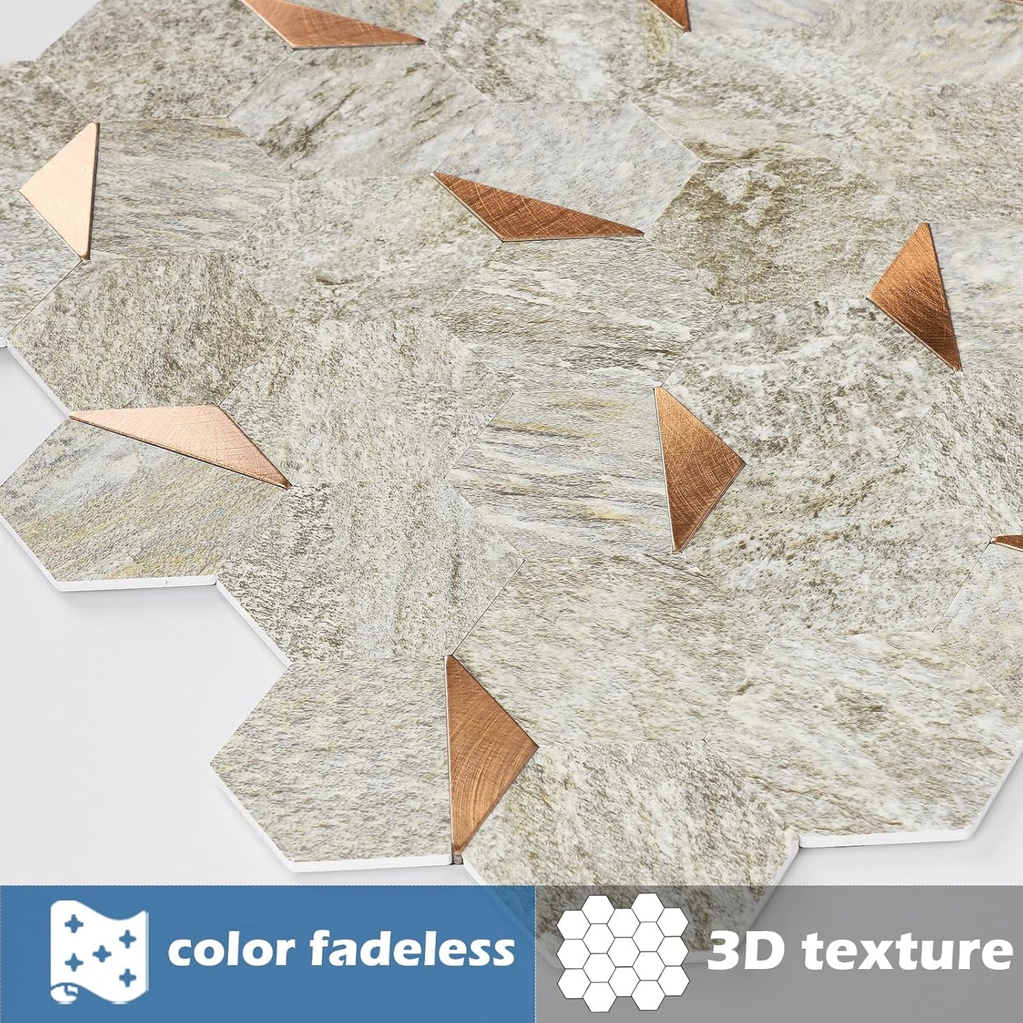 10-Sheet Heavy-Duty Hexagon Peel and Stick Backsplash, Thick Waterproof &Heat Resistant Stick on Wall Tiles, Slate Beige Mosaic for Kitchen & Bathroom, Strong Adhesive Permanent PVC Tiles