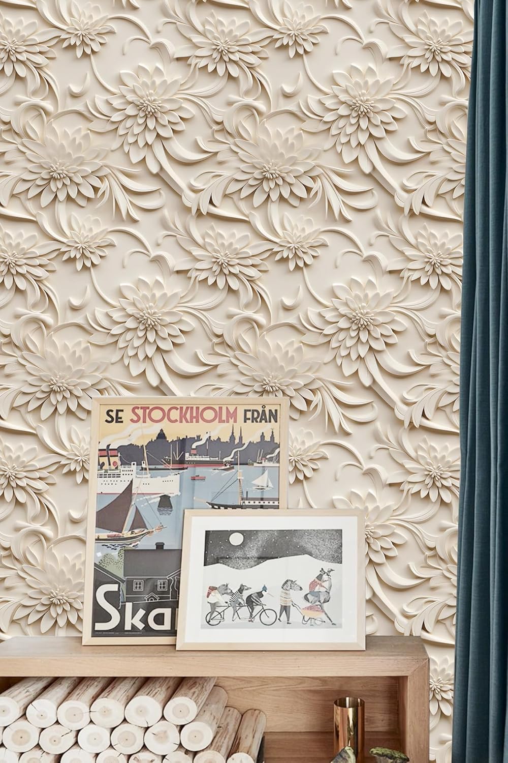 Floral Peel and Stick Wallpaper 3D Effect Interior Wall Décor Contact Paper Self Adhesive Removable Renter Friendly for Bedroom Living Cabinet Room 17.7in x 9.8ft (Not Textured Wallpaper
