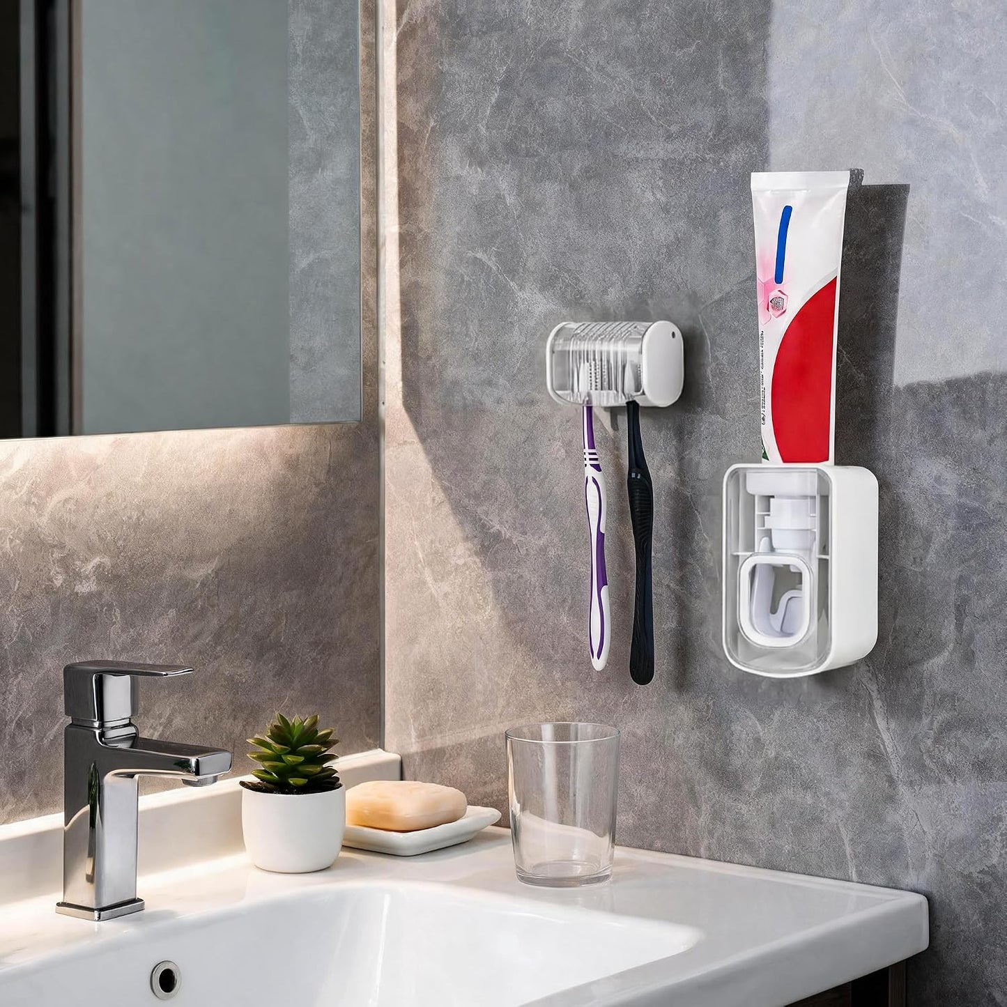 1 Pack Toothbrush Holder Wall Mounted with Cover for Bathroom, 2 Slots Toothbrush Storage Organizer for Shower, Self Adhesive Toothbrush Hanger (Grey)