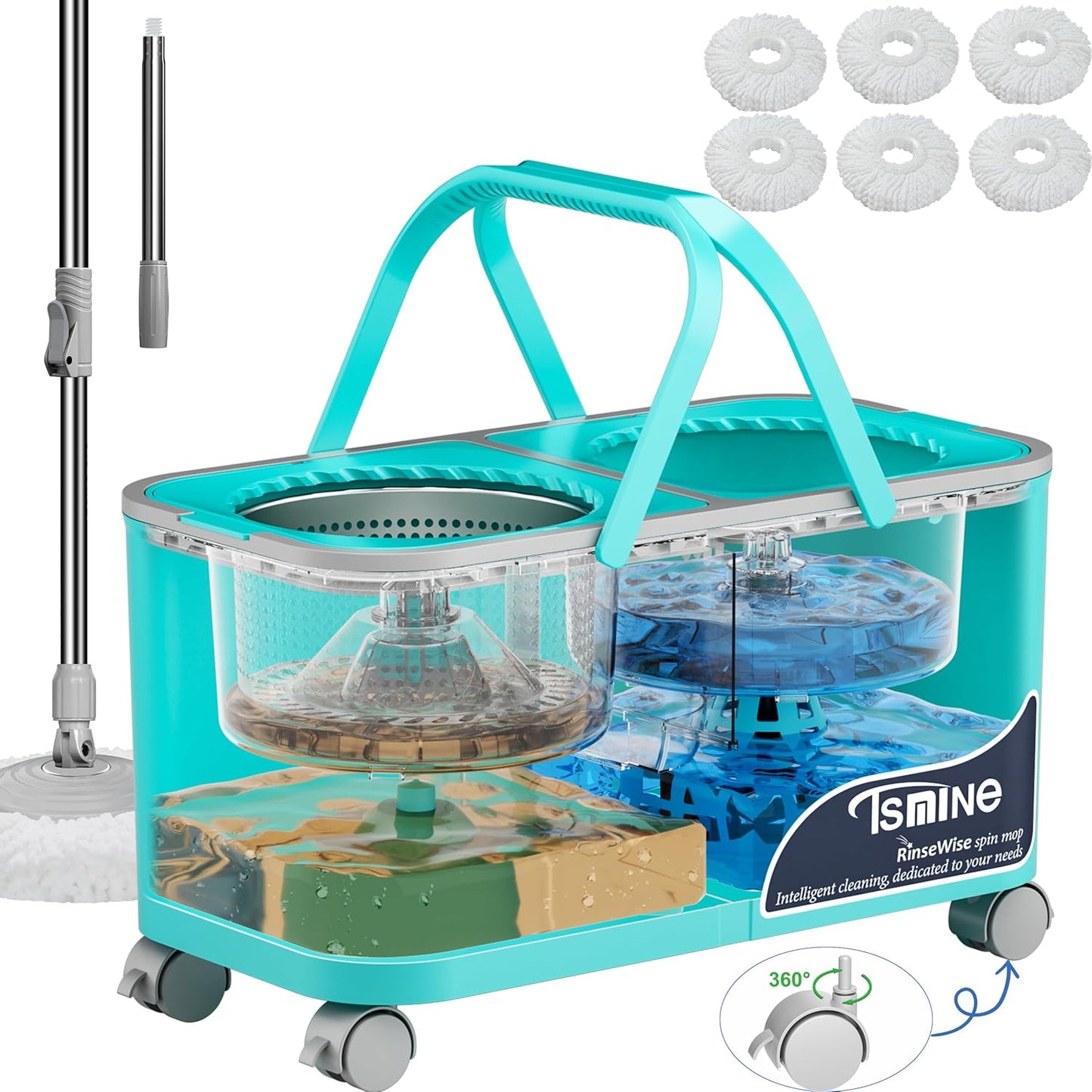 2026 Upgraded Easy-Use Spin Mop for Cleaner, Clean & Dirty Water Separation Mop Bucket for Pet & Family Homes,360° Swivel Wheels, Safe for Hardwood & Tile, Adjustable Handle,6 Reusable Mop Heads