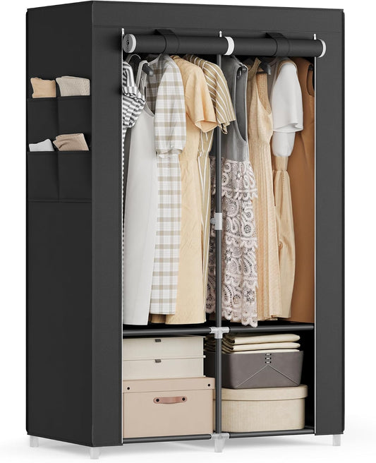 SONGMICS Portable Closet, Wardrobe Closet Organizer with Cover, 3 Hanging Rods and Shelves, 4 Side Pockets, 51.2 x 17.7 x 65.7 Inches, Large Capacity for Bedroom, Living Room, Ink Black URYG092B02