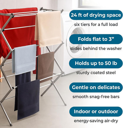 Honey-Can-Do 6-Tier Collapsible Steel Clothes Drying Rack, 24 ft, White | 6-tier steel rack with 24 ft of drying space folds flat to 3 in. Coated bars are gentle on delicates; 50 lb capacity.